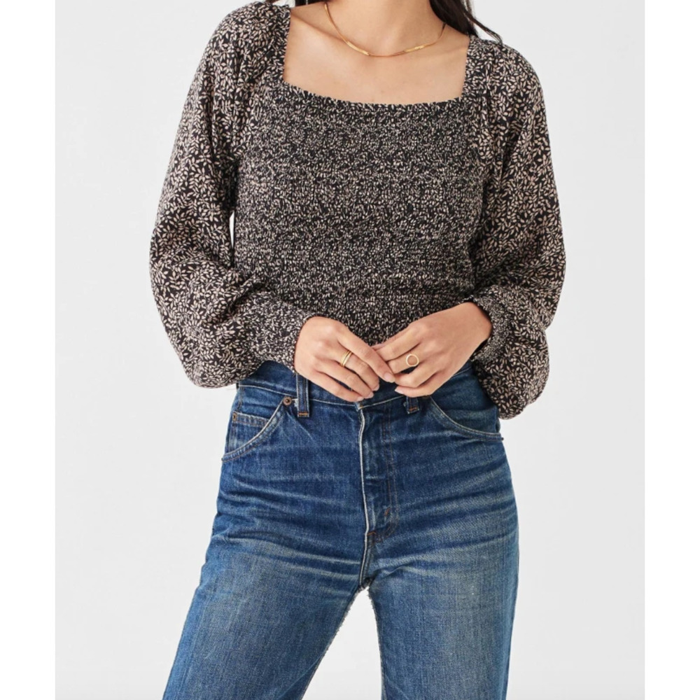 Faherty Black and Cream Smocked Square-Neck Blouse